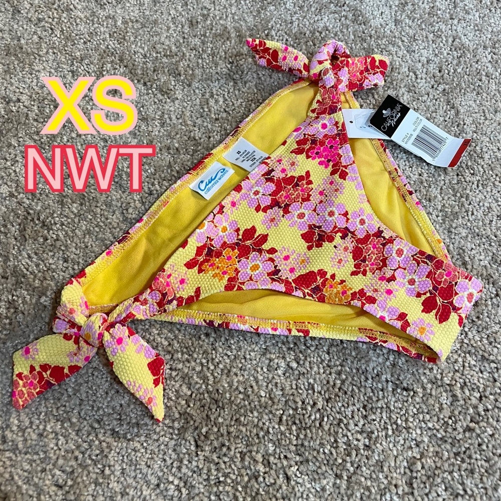 NWT (XS) pink lilac cherry blossom yellow swim bottoms bunny tie bikini briefs